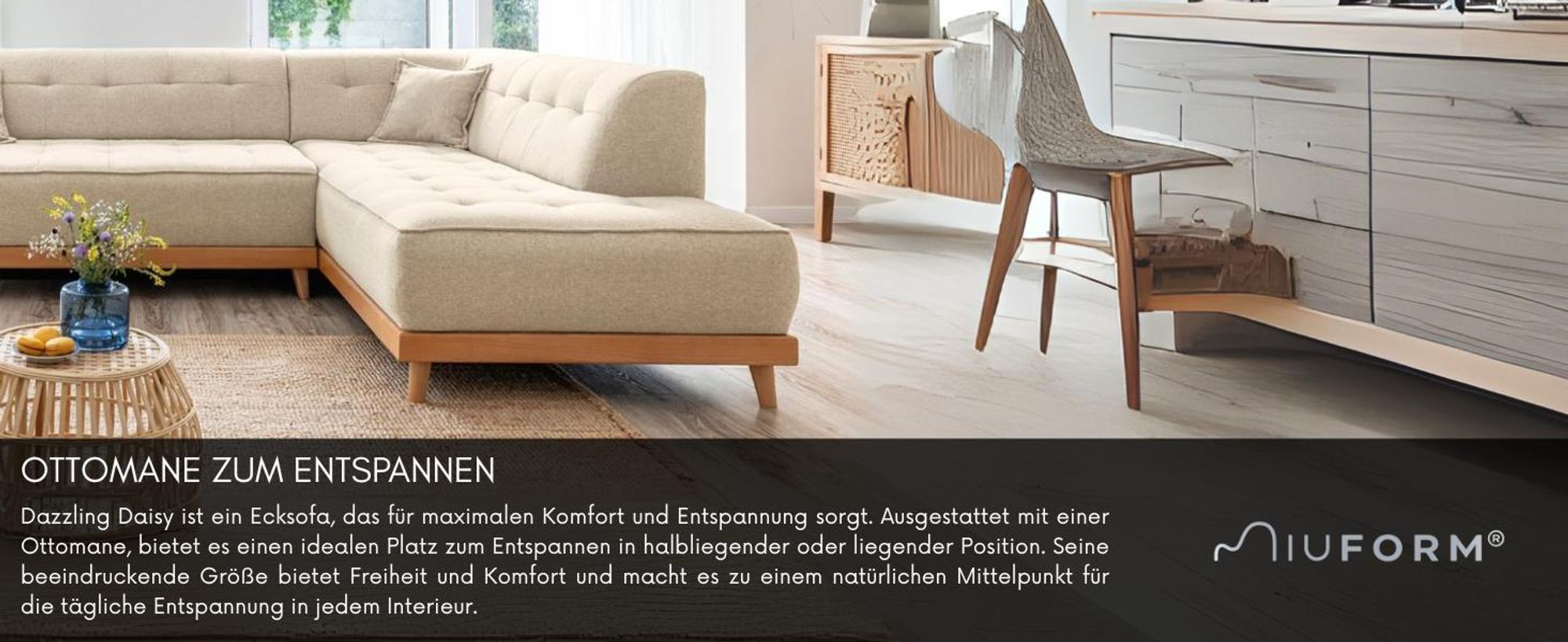 MIUFORM Dazzling Daisy - Ecksofa mit Bettfunktion und Bettkasten L-FORM LINKS - 253x190cm - Türkis - Sofa Schlafsofa Couch
