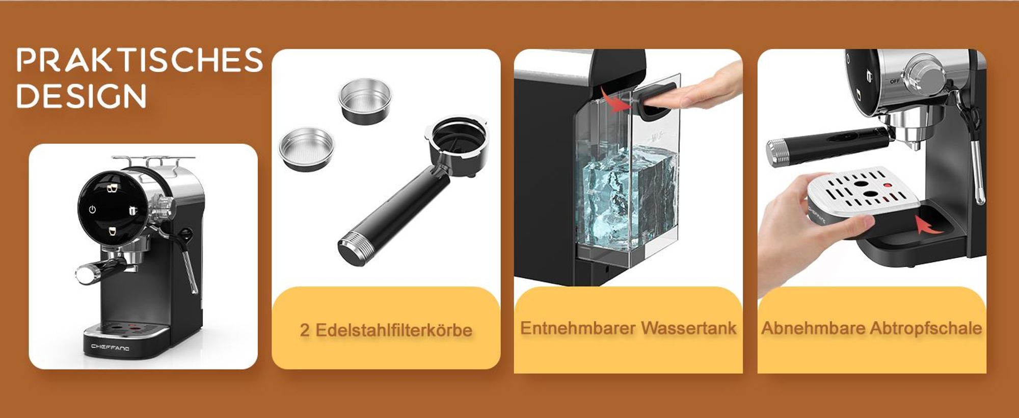 CHEFFANO Espresso Siebträgermaschine 20 Bar, Espressomaschine mit Milchsystem & Touchscreen, Edelstahl Kaffeemaschine für Cappuccino & Latte