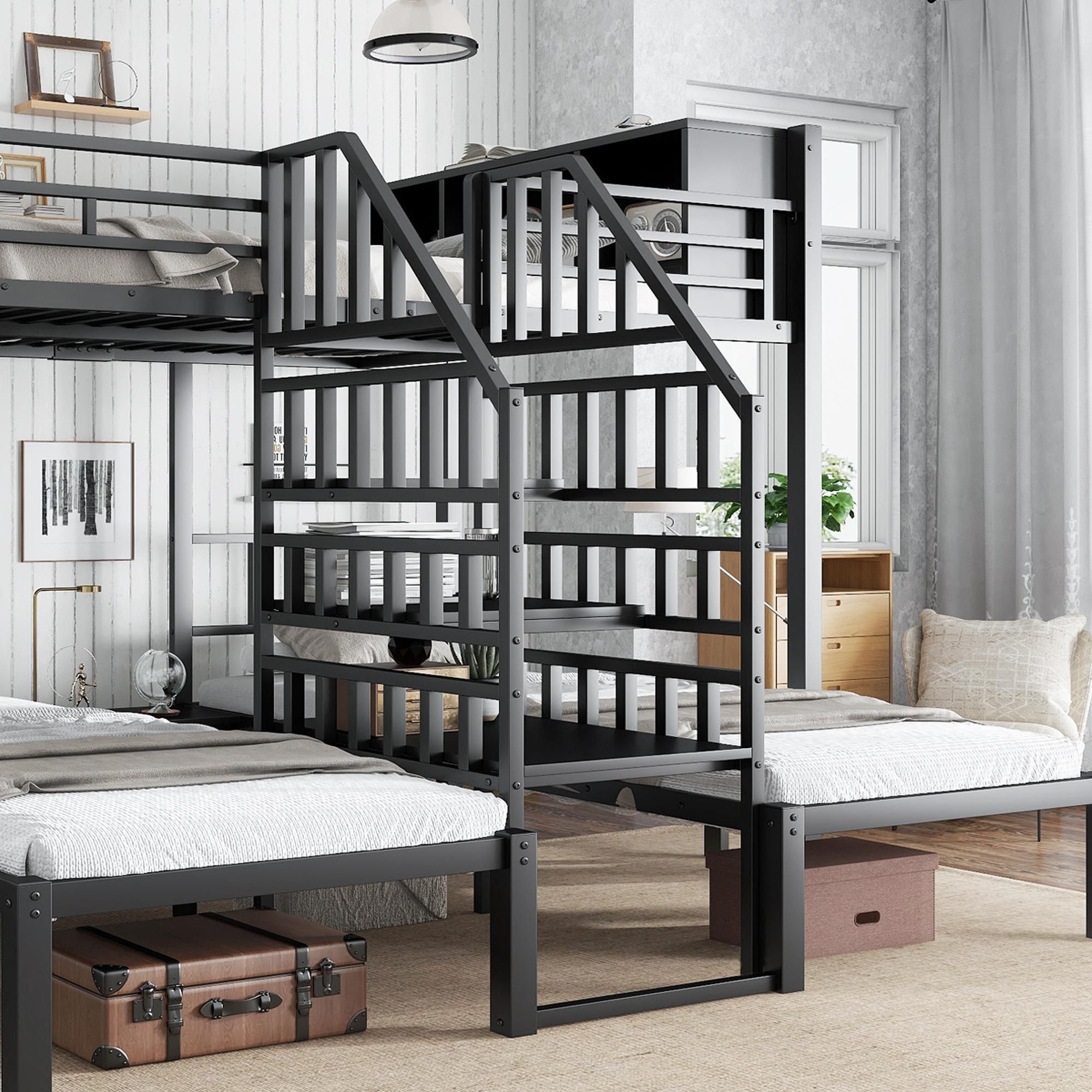 Flieks Etagenbett 90x200cm / 140x200cm für 3 Kinder, Hochbett Metallbett mit Stauraum, Kinderbett Jugendbett mit Rausfallschutz, Schwarz