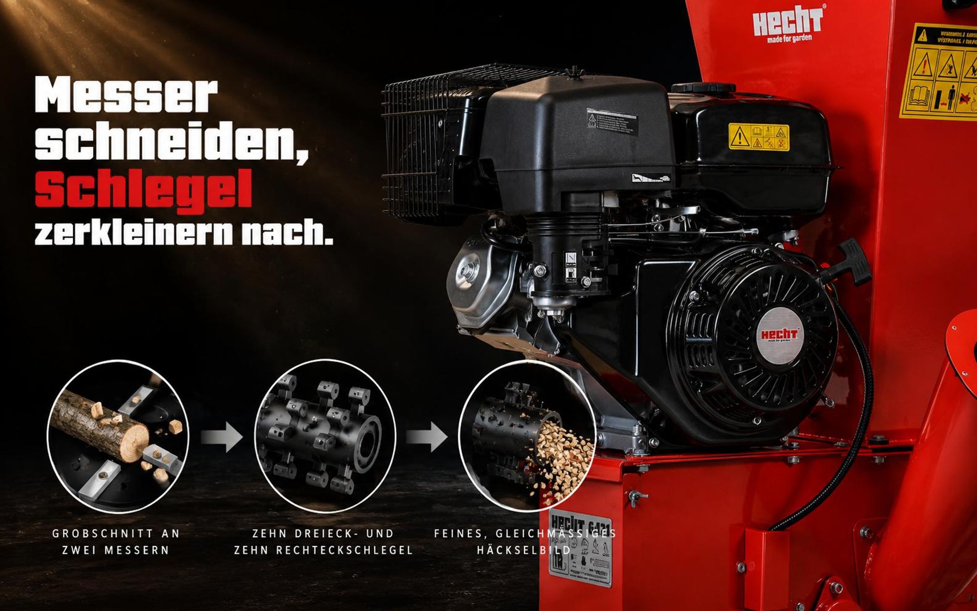 Gartenhäcksler Holzhäcksler Benzin HECHT 6421 | 9,7 kW / 13 PS | bis Ø 8,9 cm | Schlegeltrommel + 2 Häckselmesser 6,5 l Kraftstofftank