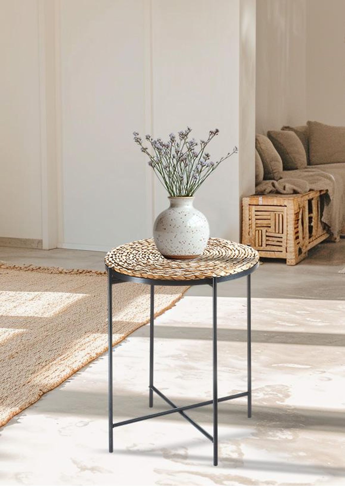 Kobolo Beistelltisch COFFEE abnehmbarer Tischplatte Seegras und Metall Tablett - 38x38x45cm rund beige Sofatisch Beistelltische Kaffeetisch Nachttisch