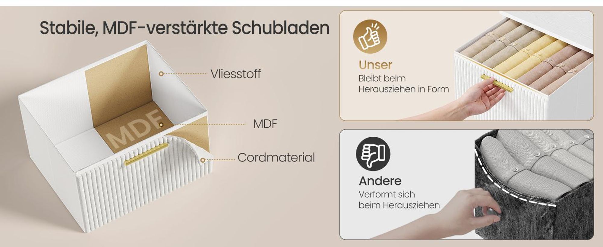 SONGMICS Nachttisch, Kommode, 2 Stoffschubladen, für Schlafzimmer, Flur, Wohnzimmer, Schneeweiß