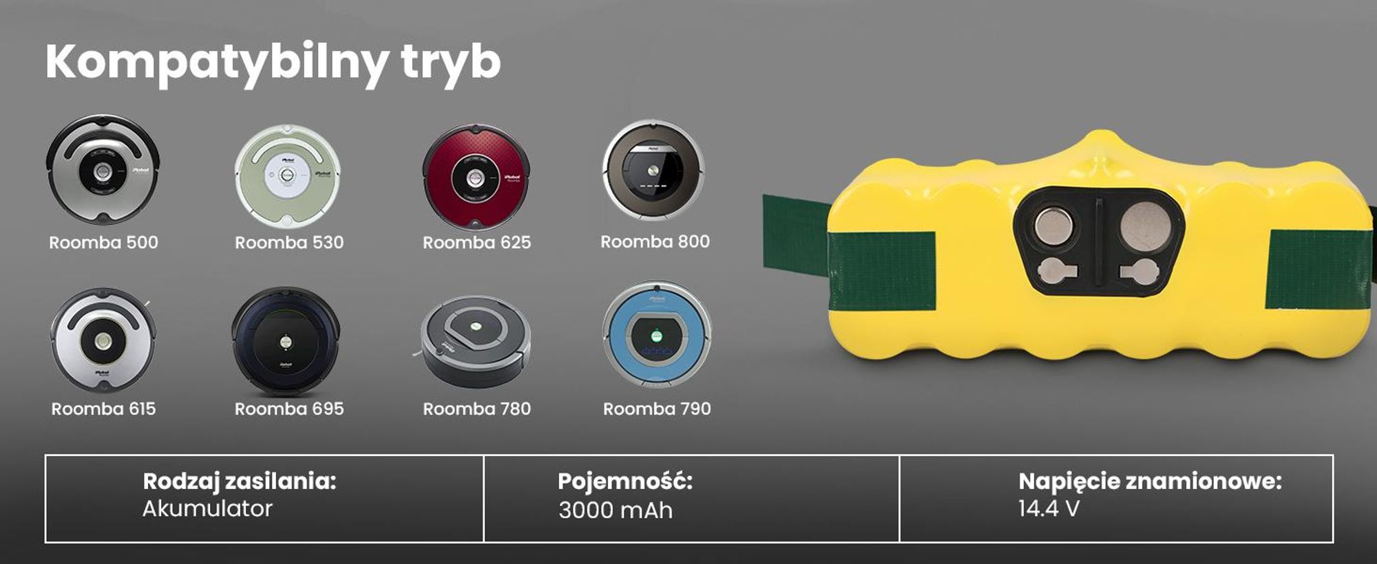 Extralink Roomba 500/600/700/800 serijos baterija 14.4V 3000mAh, 3000 mAh
