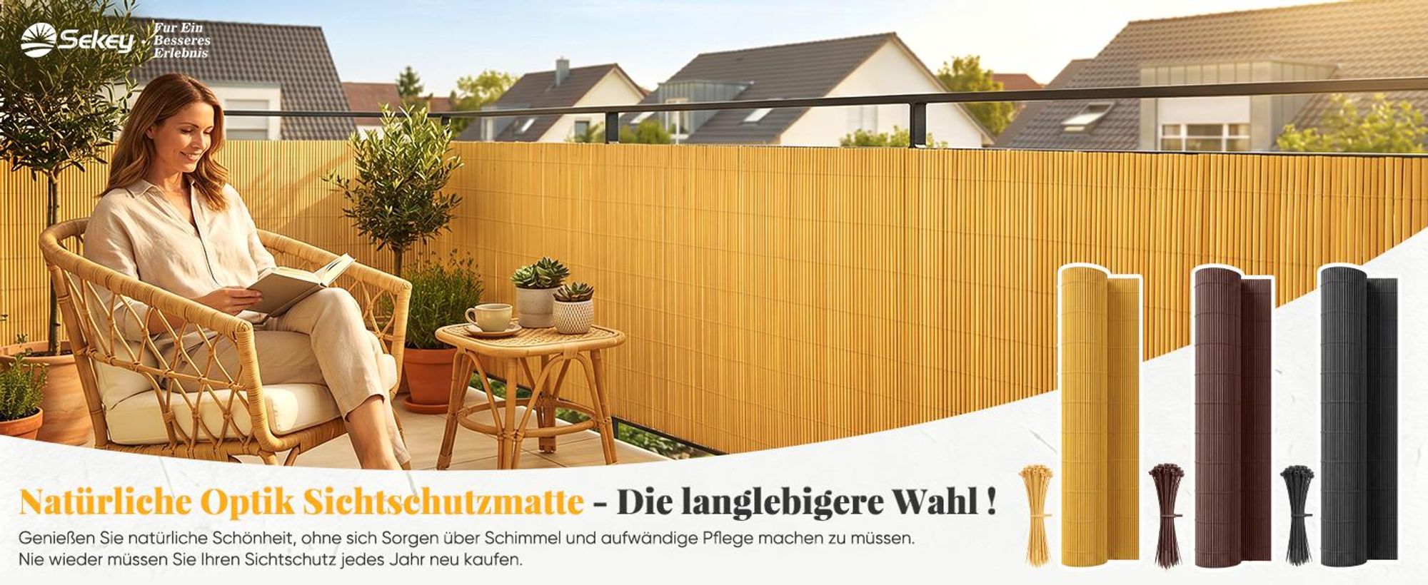 Sekey Balkon Sichtschutz Natürliche Optik Sichtschutzmatte Sichtschutzzaun 80x600cm, Bambusfarbe