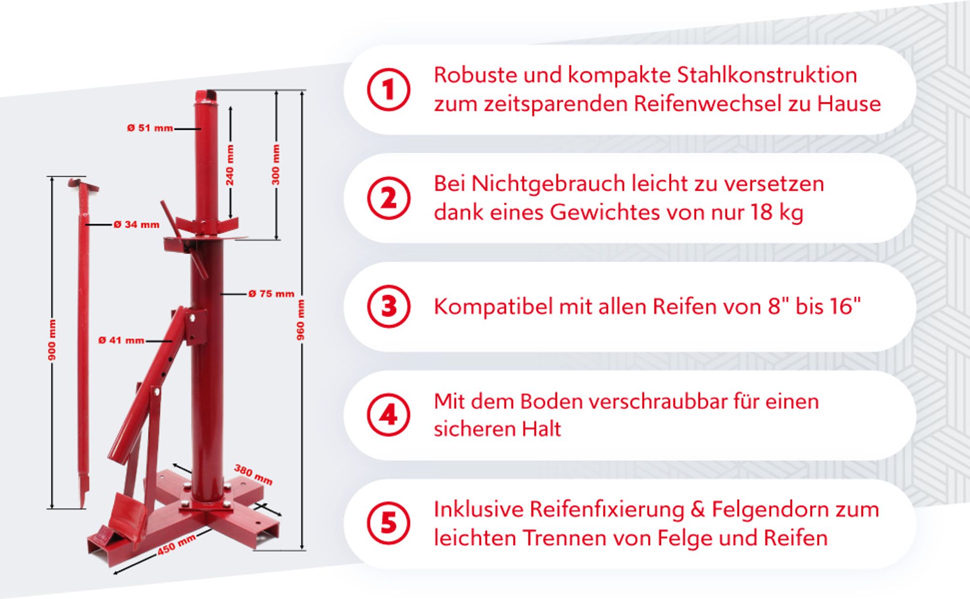 Wiltec Reifenmontiergerät 38,1 x 45,72 cm, ab Ø 51 mm, für Reifengrößen 8"-16", Reifenmontagegerät aus Stahl, Reifenmontagehilfe zum Reifenwechsel