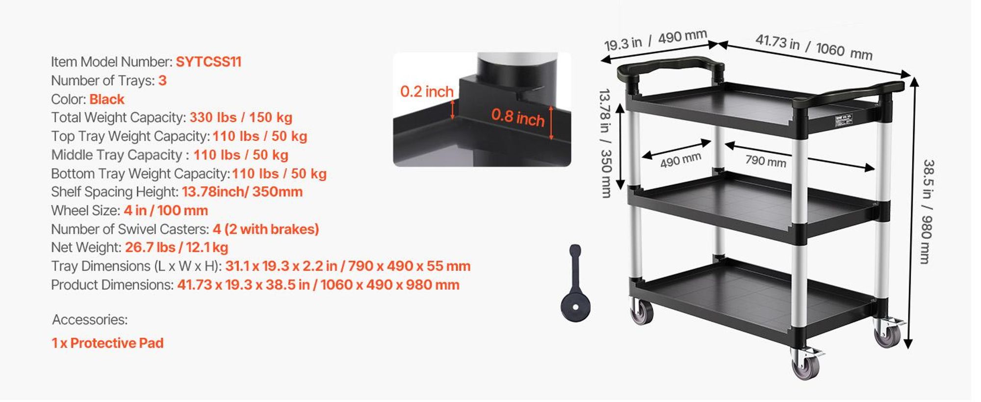 VEVOR Mehrzweckwagen, 226 kg Tragkraft, 3-stufiger Universalwagen aus Kunststoff mit 360° Schwenkrädern (2 mit Bremse), 106x49x98 cm großer Servierwagen für Lager, Büro, Zuhause, Restaurant, Küche