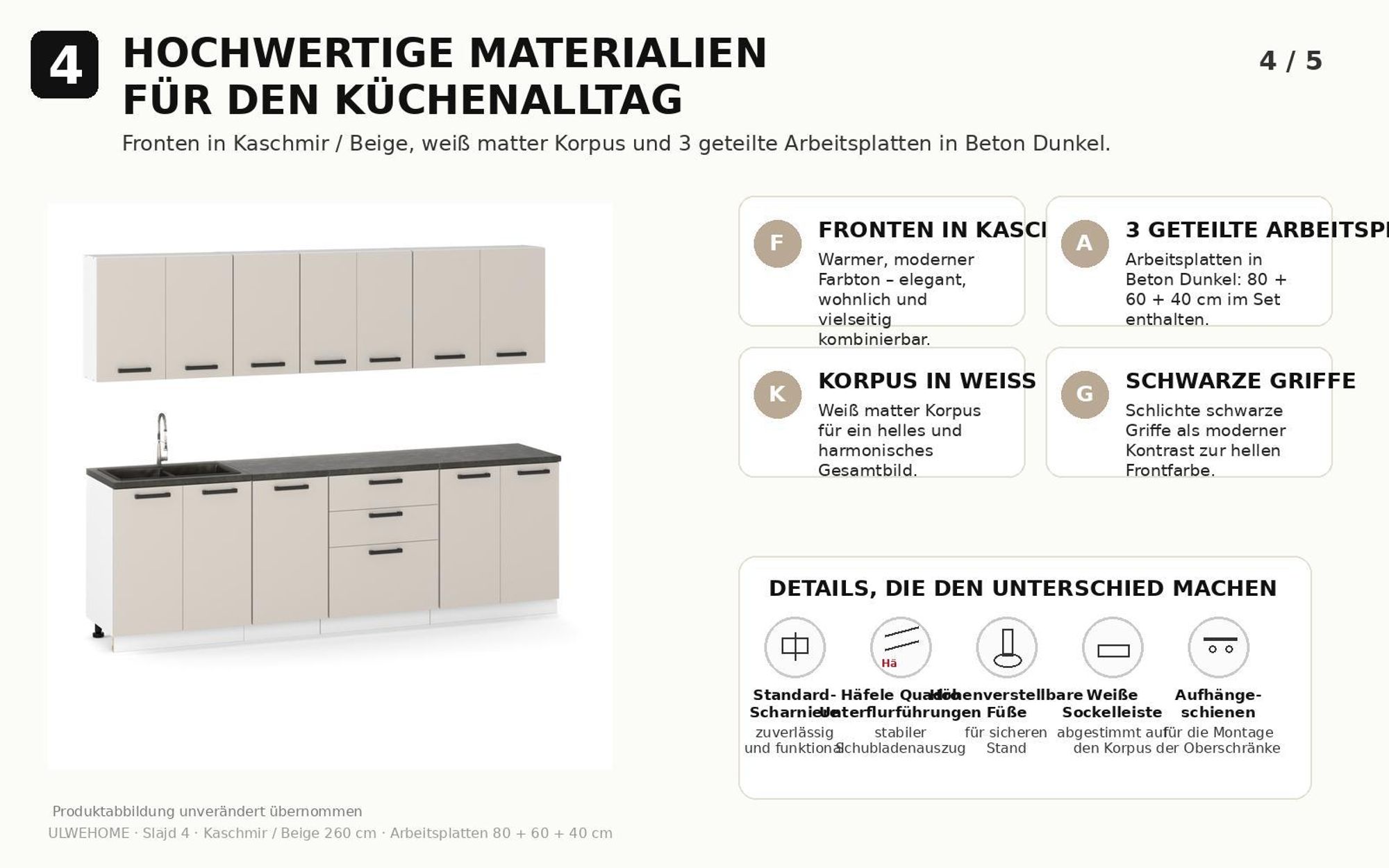 Materialübersicht: Kaschmir/Beige Fronten, weiße Korpusse, Beton Dunkel