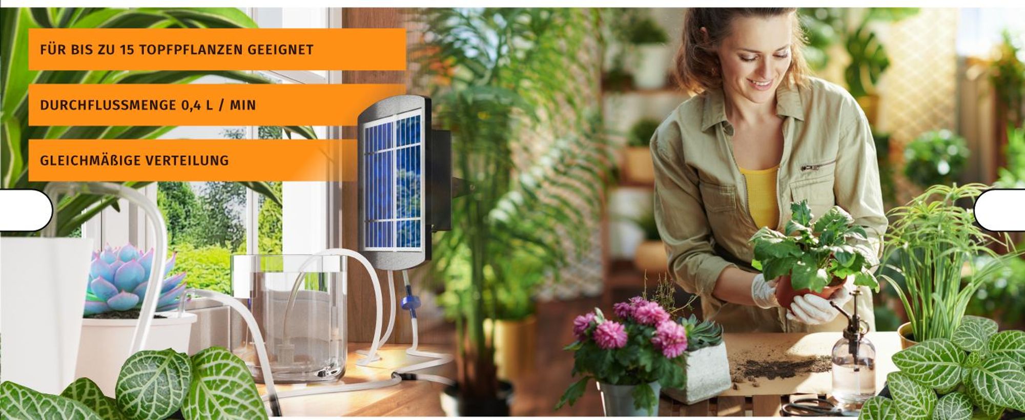 Brandson Solar Bewässerungssystem, Tropfbewässerung solarbetrieben/ akkubetrieben, automatische Bewässerung, für 15 Pflanzen, Balkon/Garten/Terrasse, 15m Schlauch, Micro-Tropfer