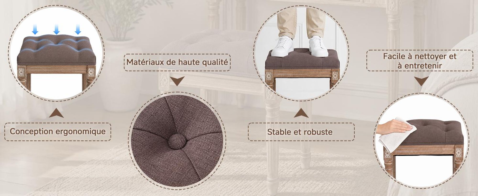 HomeMiYN Banc d'entrée rembourré, tabouret pour enfiler les chaussures, pouf d'appoint en tissu pour chambre salon couloir