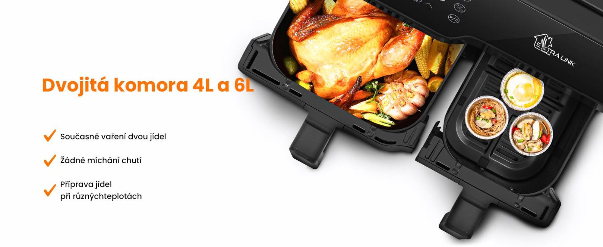 Extralink Air Fryer SJ-1000 10 l (6 l + 4 l), 2500 W, Dual Basket, horkovzdušná fritéza