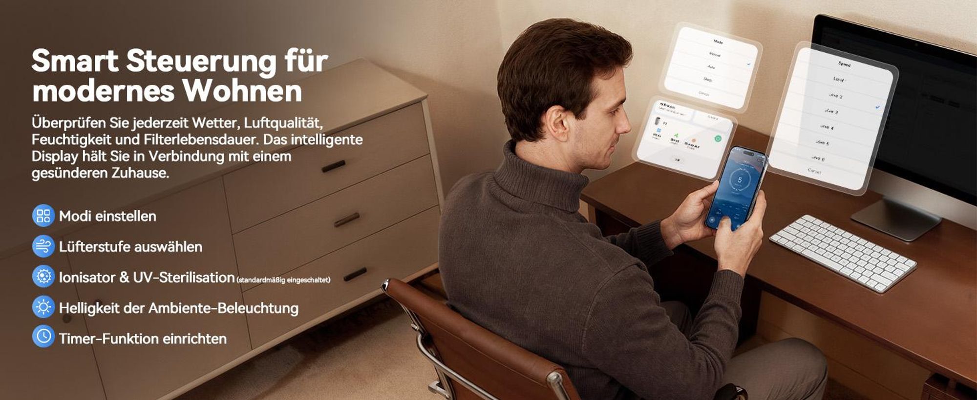 Amicura P3 Luftreiniger für Haustierallergiker, 843m³/h Tierhaarentfernung, 450 CADR - 99% Geruchsneutralisation, H13 Filter, App-Steuerung