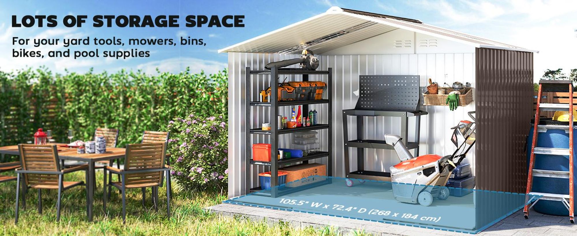 Domek ogrodowy Outsunny Metal 4,9 m², z dachem dwuspadowym, drzwiami przesuwnymi, fundamentem, 277 x 195 x 192 cm, ocynkowany stalowy domek narzędziowy, odporny na warunki atmosferyczne, do ogrodu, jasnoszary