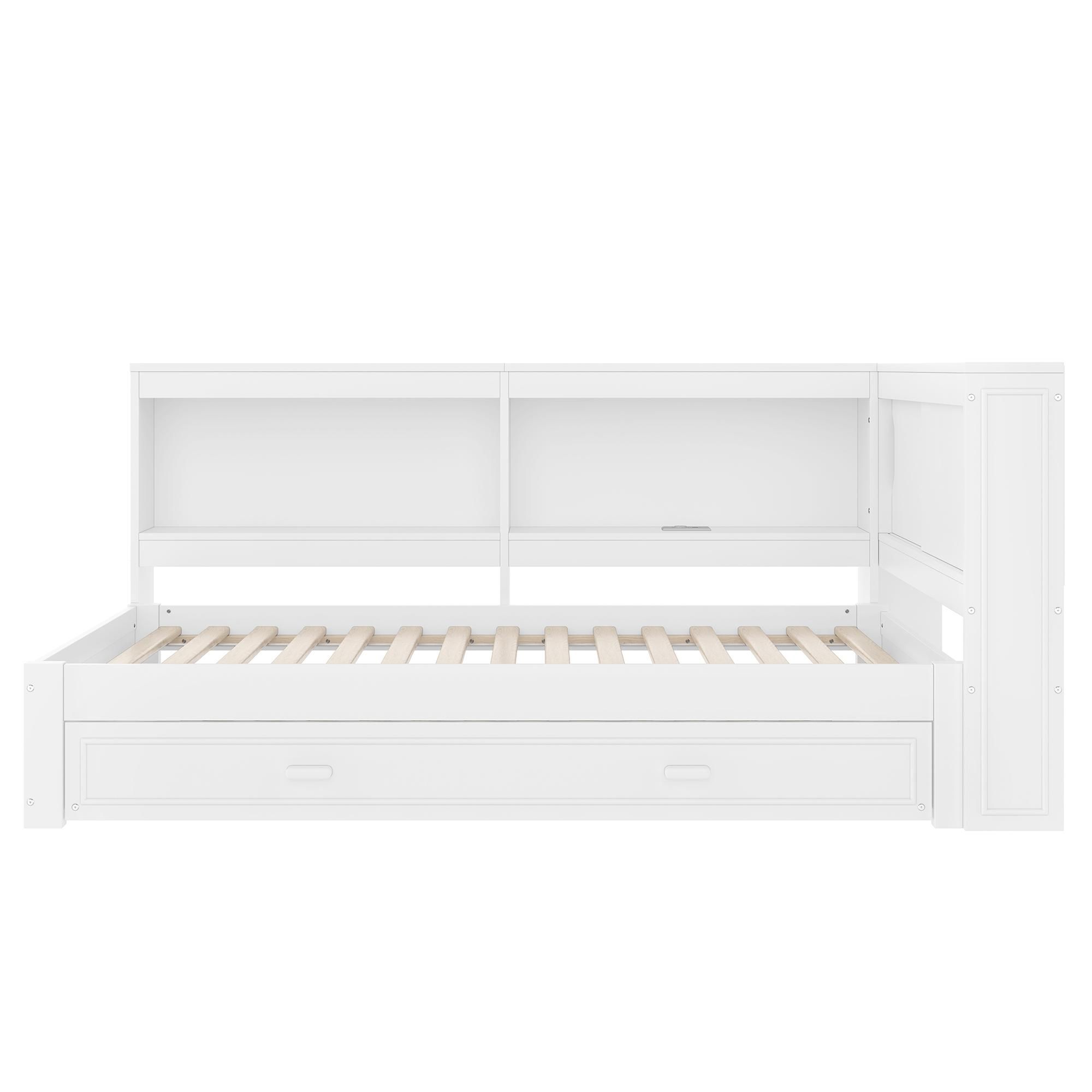 Flieks Schalfsofa Holzbett 90x200cm mit Ausziehbett, Tagesbett Einzelbett mit Led und Ladefunktion, Jugendbett mit Staufach, Weiß