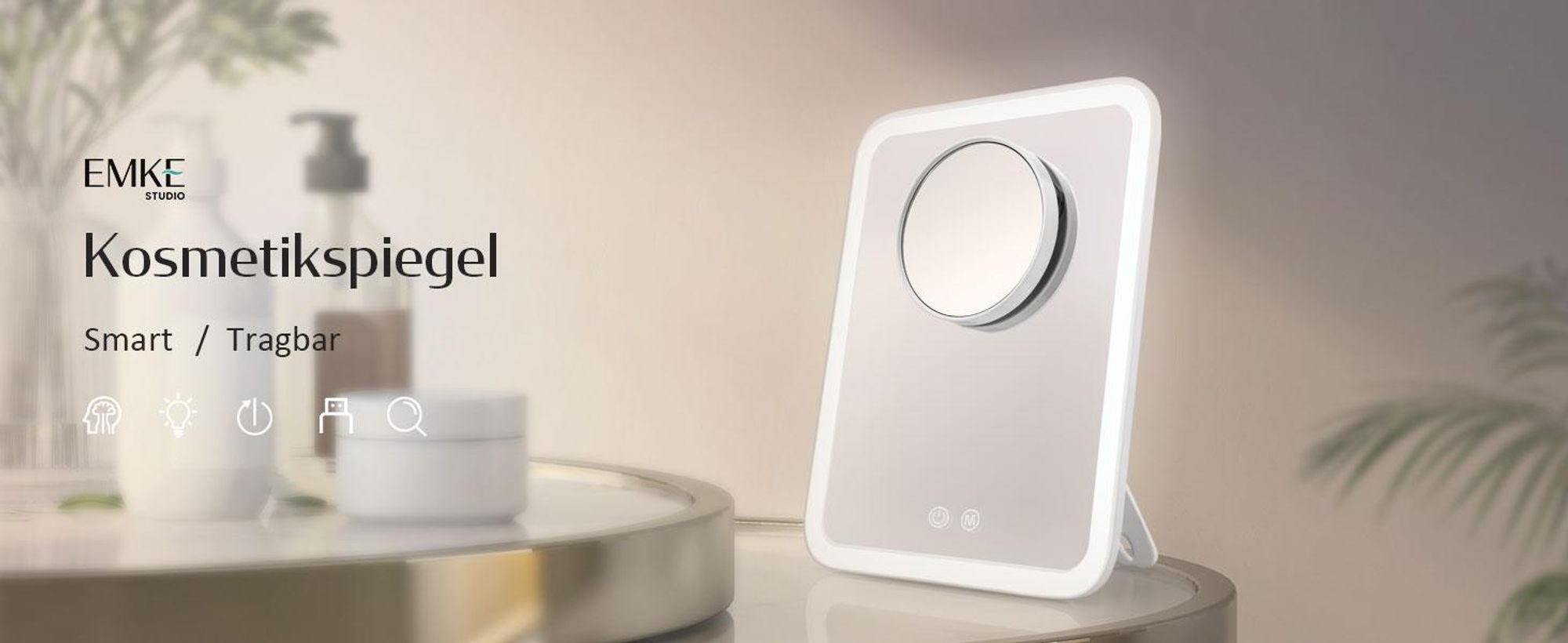 EMKE LED Kosmetikspiegel 181x232mm Weiß Schminkspiegel mit Saugnapf und 3 Fach Vergrößerungsspiegel