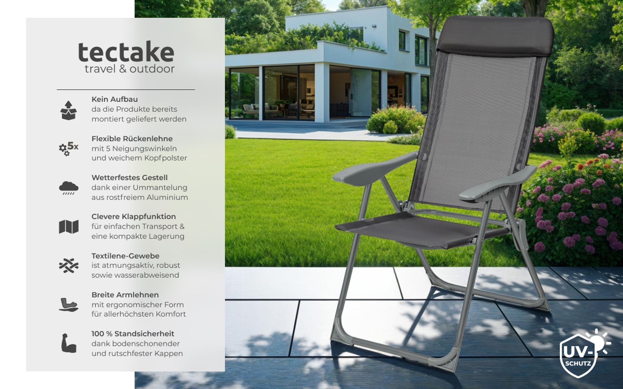 tectake® 4 Aluminium Gartenstühle klappbar mit Kopfteil