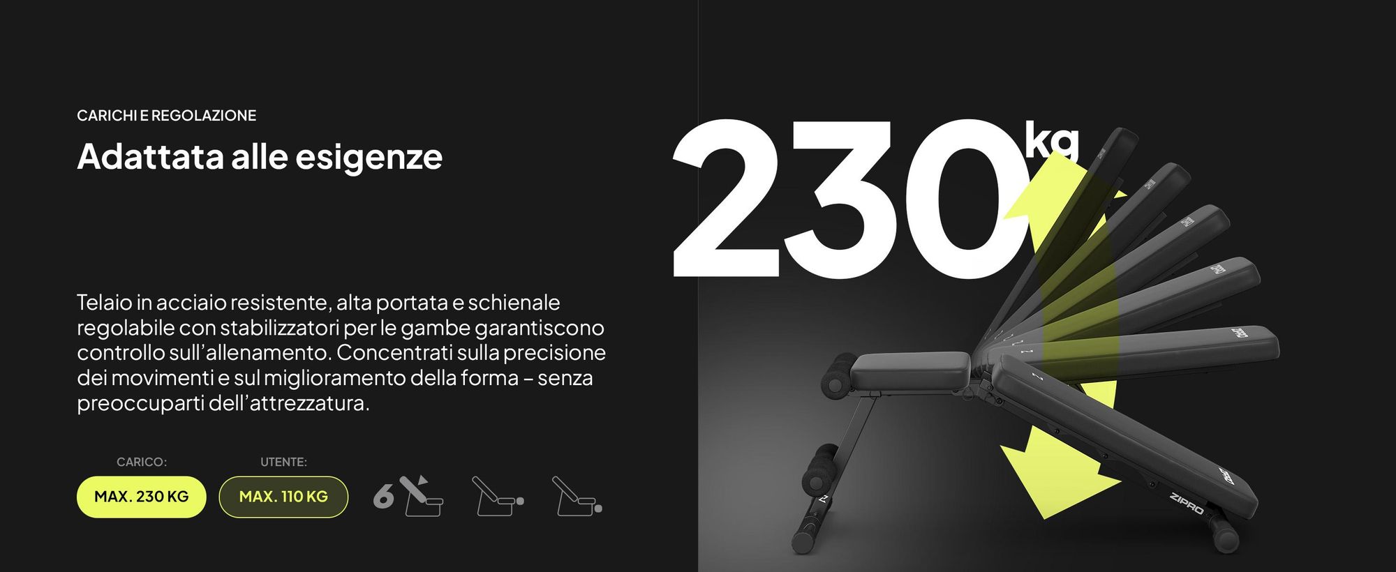 Panca pesi pieghevole Zipro Tempo – Panca da allenamento regolabile per uso domestico Panca inclinata Panca negativa con espansori Capacità di carico 230 kg Ideale per manubri