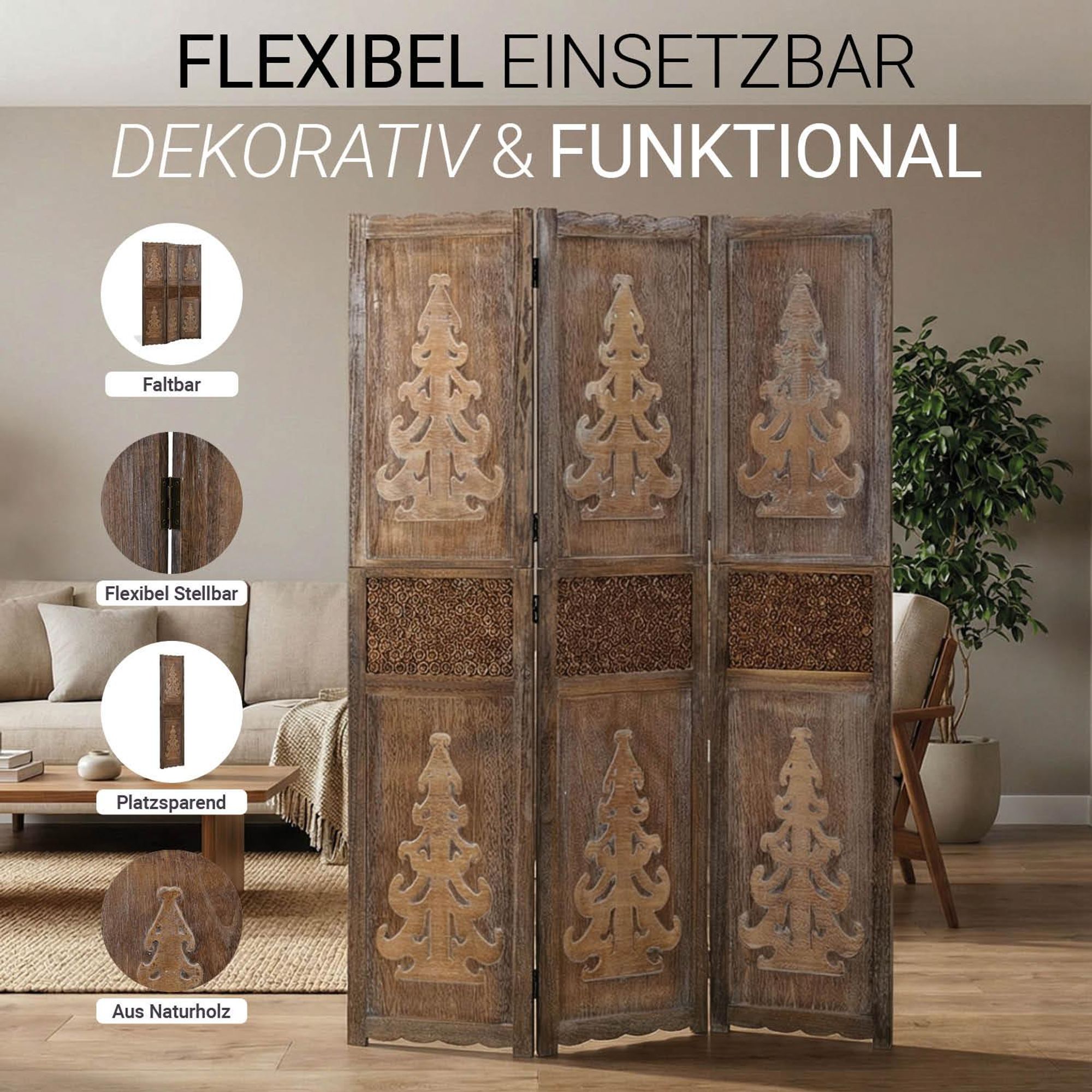 Das Bild zeigt einen 3-teiligen Paravent aus Naturholz. Er ist flexibel stellbar und platzsparend.
