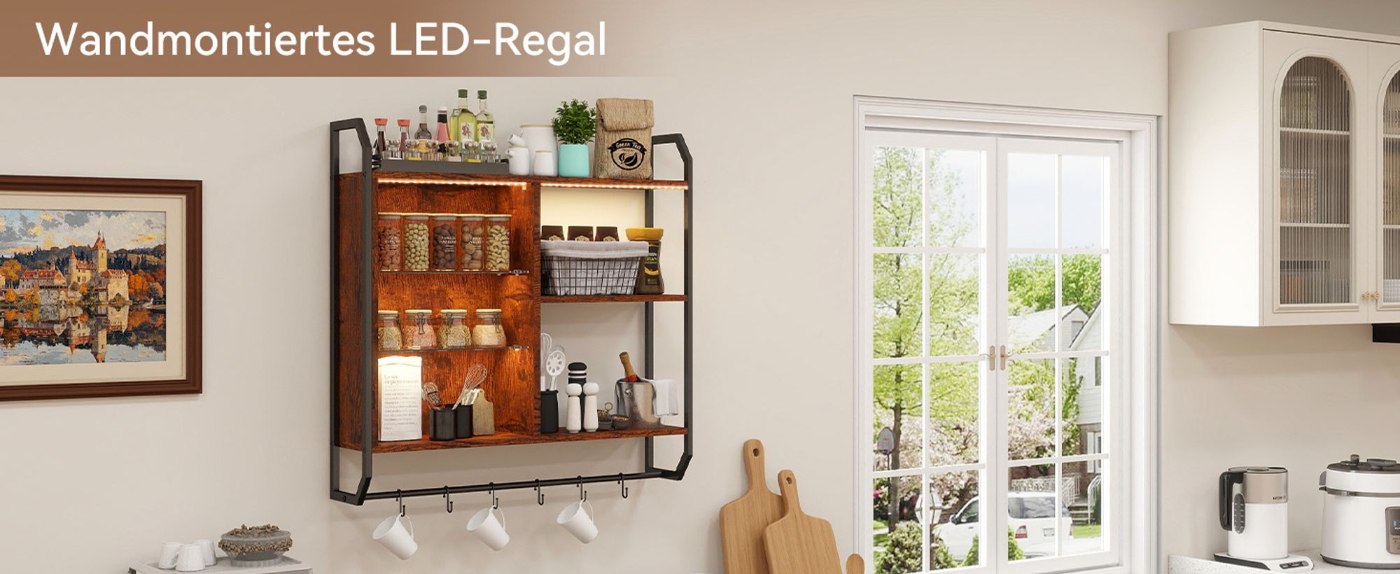 Puluomis Verstellbare Wandregal mit 6 Ablagen, 83x20x80cm, Holz Metall Hängeregal, RGB-LED-Lichter, Glas-Schweberegal, mit Hängestange Braun Schwarz