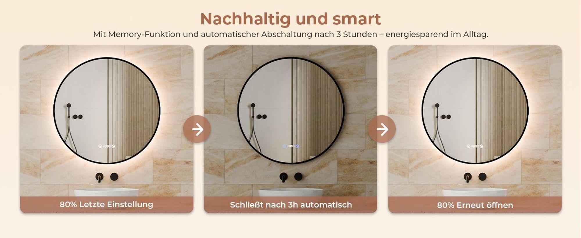 S'AFIELINA Badspiegel mit Beleuchtung Rund 80 cm Diameter,LED Badspiegel mit Touch, Beschlagfrei, Dimmbar, Uhr, Temperatur, Speicherfunktion,Schwarzer
