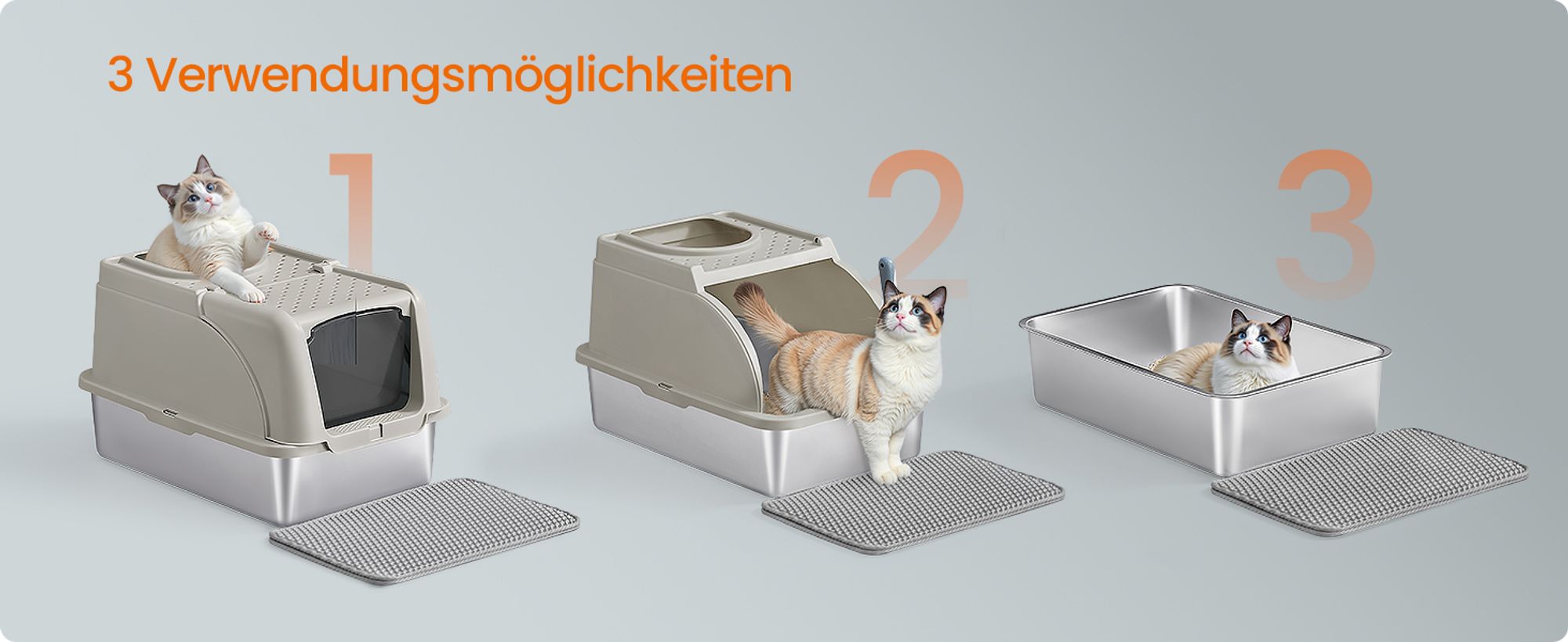Feandrea Edelstahl Katzenklo, XL, Katzentoilette mit Deckel, mit Schaufel, Bürste und 2 Eingängen, für Katzen bis 15 kg, cappuccinobeige