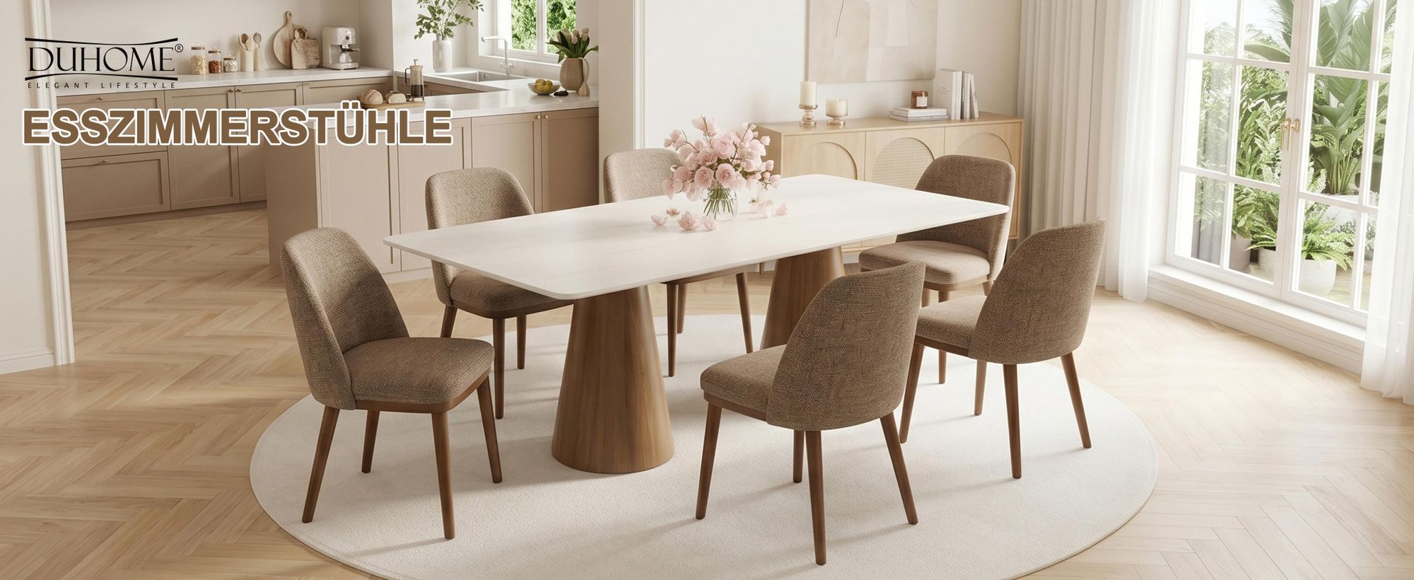 Duhome Esszimmerstuhl 2er Set Küchenstuhl aus Leinen und Holz Polsterstuhl mit Gebogene Rückenlehne für Esszimmer Wohnzimmer Restaurant, Kaffeebraun