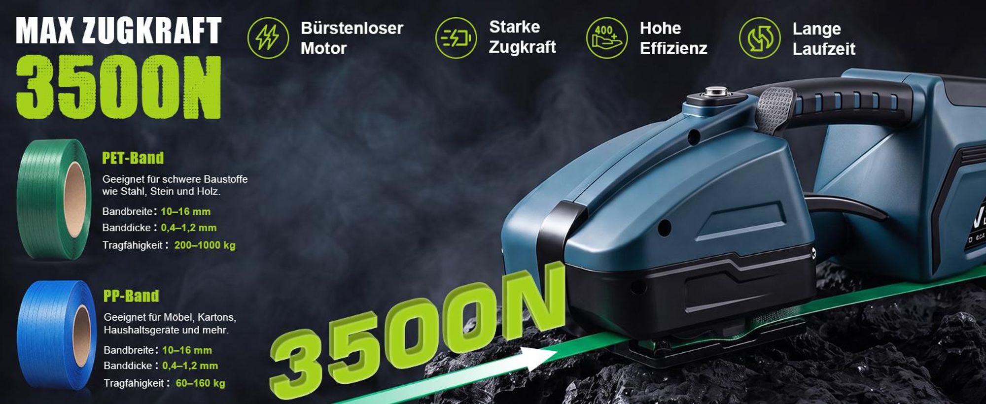 3500N Elektrische Umreifungsmaschine für 10-16mm PET/PP Bänder Akku Umreifungsgerät mit 2 x 5000mAh & Digitaldisplay Bündelungswerkzeug Umreifungsset
