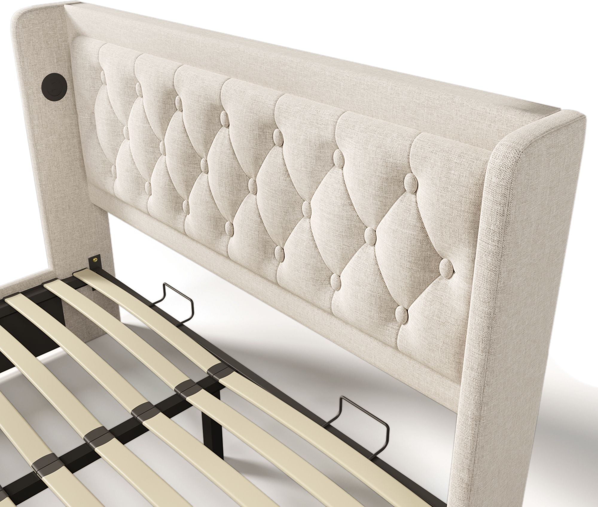 Flieks Polsterbett 160x200cm mit USB & Typ-C, Doppelbett Jugendbett mit LED, Hydraulisches Stauraumbett Boxspringbett mit Lattenrost, Baumwolle, Beige