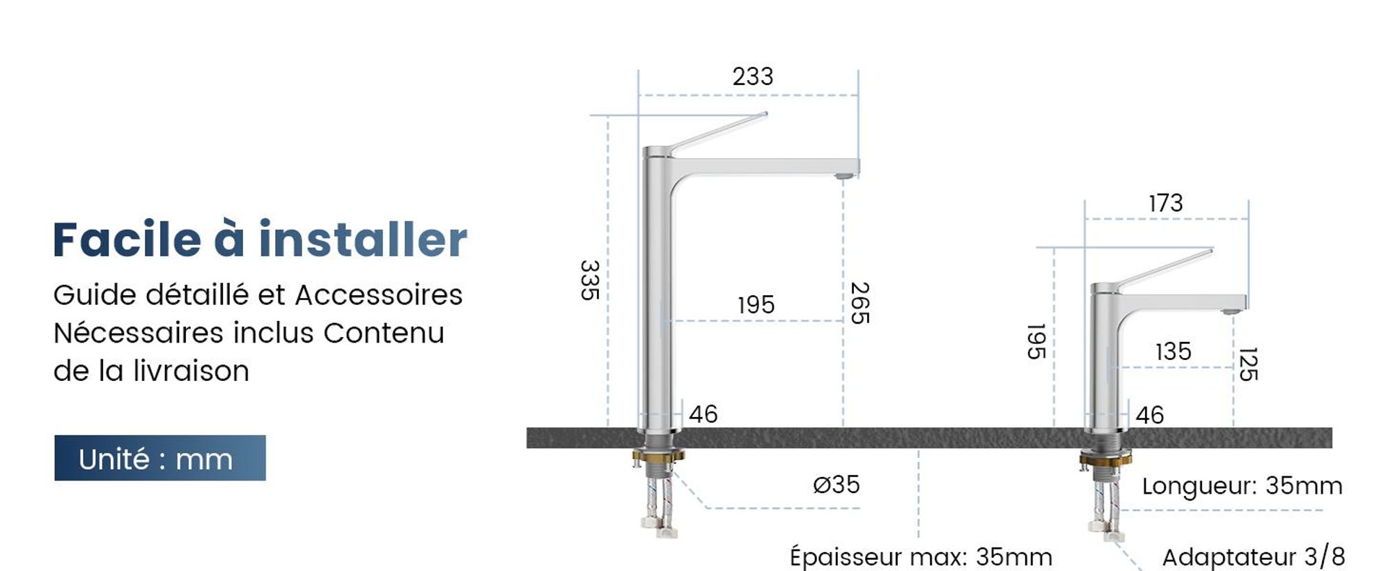 EMKE Robinet de salle de bain chromé 195x173x46mm, laiton, cartouche céramique, robinet de salle de bain, mitigeur de lavabo, mitigeur de lavabo