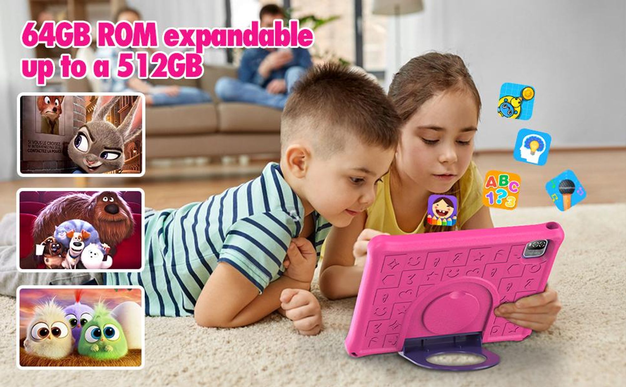 Pritom 10,1 Zoll Kinder-Tablet Android 15 WIFI 6 Quad-Core-Prozessor 3 GB RAM 64 GB ROM YouTube mit EVA-Schutzhülle, Rosa