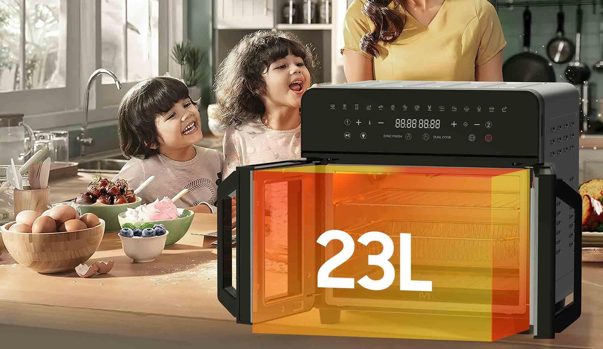 23 L XXL Airfryer Heißluftfritteuse | Dual-Zone Fritteuse mit Doppeltür, LED-Touch, Sichtfenster, 15 Kochprogramme, herausnehmbare Trennwand