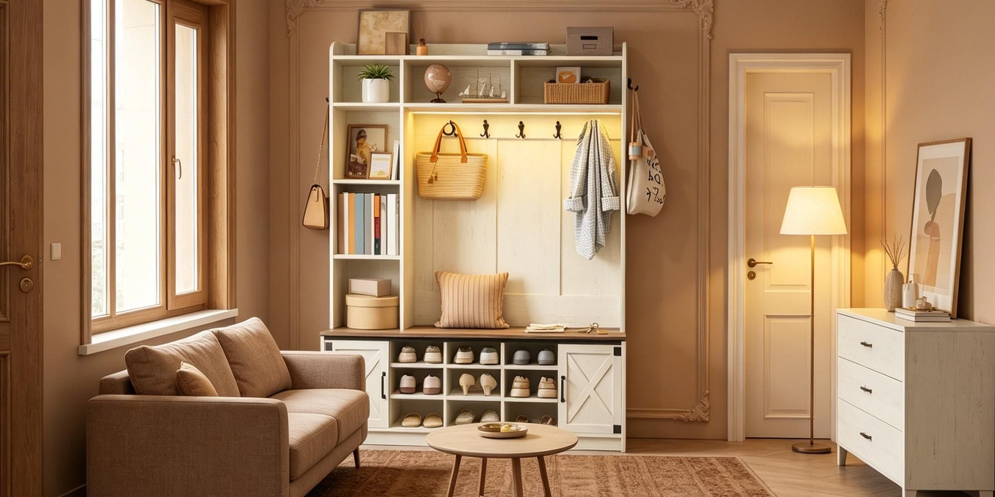 Garderobenständer mit Sitzbank, Garderobe mit LED, Weiß-Braun