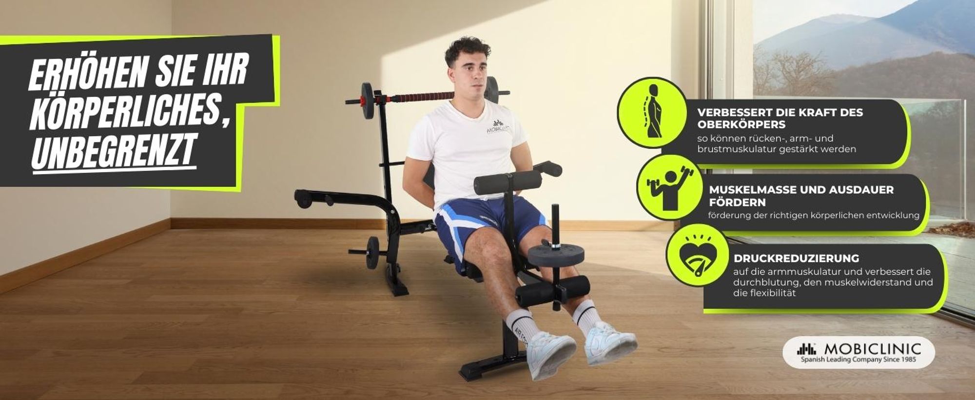 Mobiclinic Multifunktionale Trainingsbank Hantelbank verstellbar Pressfit Verstellbar klappbar Stahl Belastbar bis 250 kg Unterstützung für Stangen