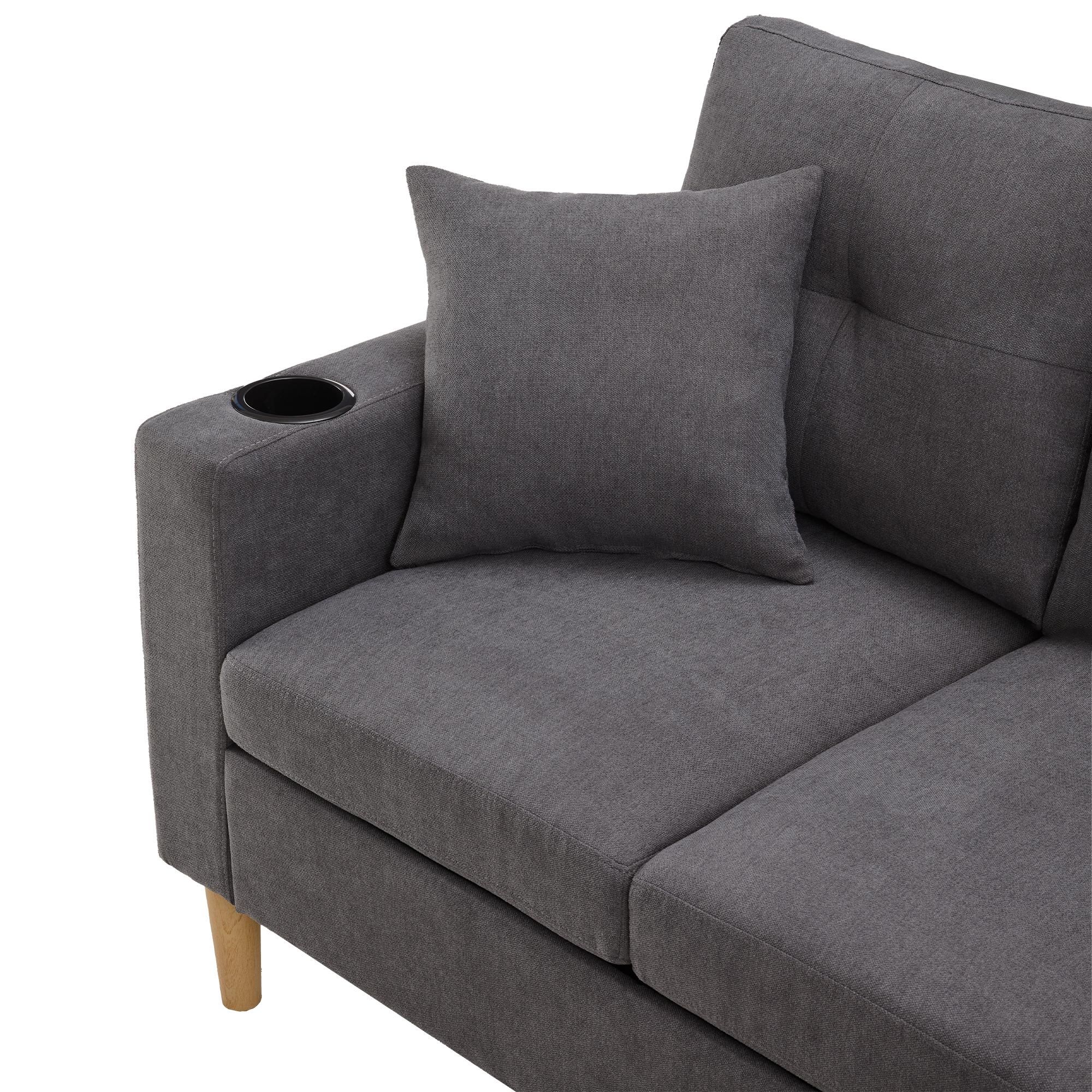 Merax Ecksofa, L-Form Sofa mit Bettkasten, Getränkehalter, 2 Kissen geliefert, Wohnzimmersofa, Couch, Couchgarnitur, Leinen, Dunkelgrau