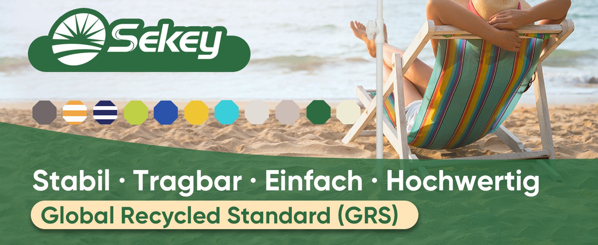 Sekey Sonnenschirm Rund Ø180cm Gartenschirm UV Schutz 50+ Strandschirm mit erdspieß & Schutzhülle, Neigungswinkel und Höhe verstellbar