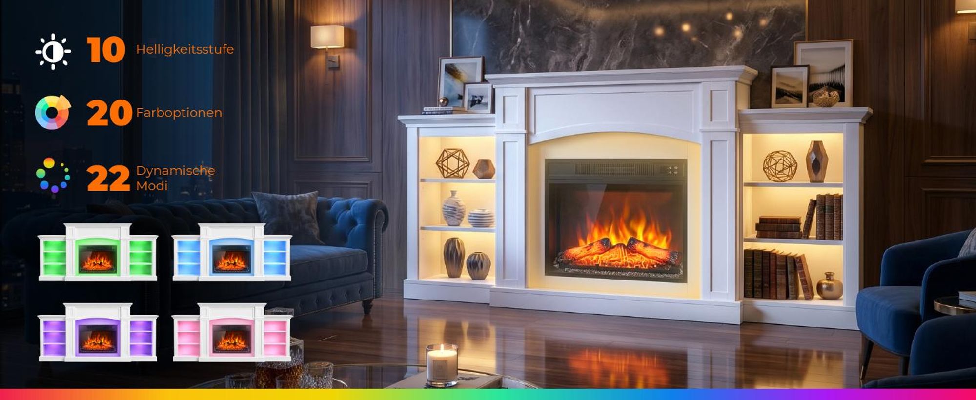 LEADZM Kamin mit LED-Flammen, Elektro Kamin mit Heizung, 1800W Elektrischer Kamin, Sparsamer Kamin Elektrisch, Wandkamin mit Fernbedienung & Timer, Elektrische Kamine mit MDF-Gehäuse,182×30×88cm