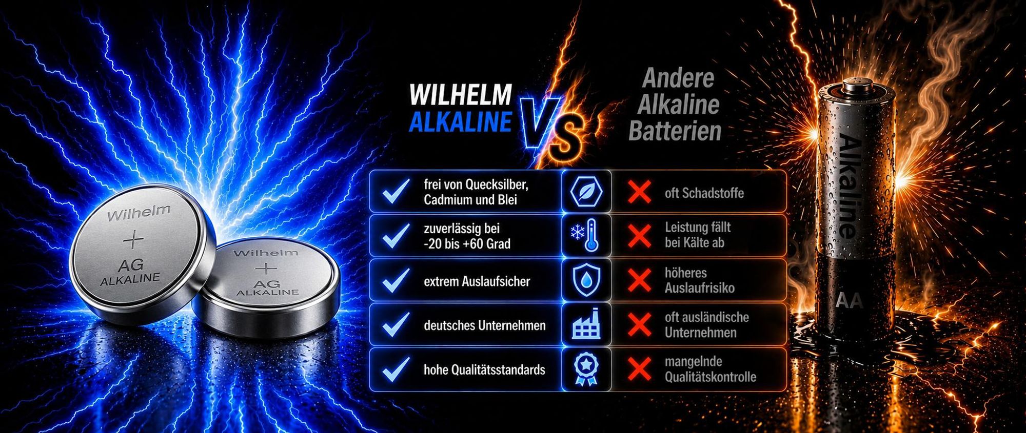 10 x Wilhelm AG 13 /147/LR44/SR44W/357/LR1154/V13GA Qualitätsbatterien 1,5 V Alkaline