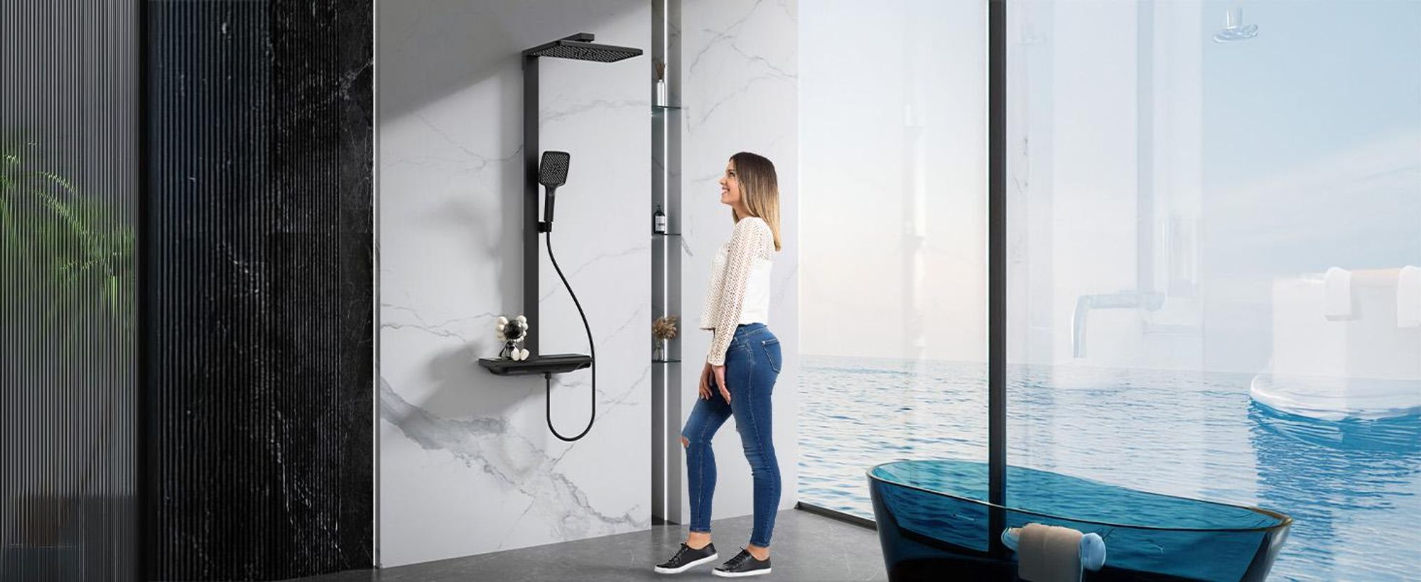 Homelody Duschsystem mit Thermostat und 395MM Ablage, Regendusche und Duschsteuerung,30cm Kopfbrause,Wasserablassfunktion unter Wasserfall