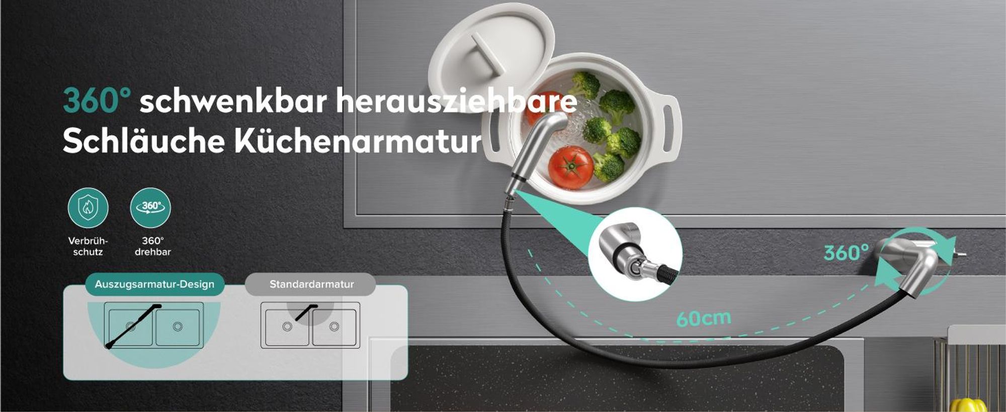 Mai & Mai Wasserhahn Küche Küchenarmatur mit Brause Ausziehbar, Küchenwasserhahn 360°Schwenkbar, Mischbatterie Spültischarmatur silber Turnix-04