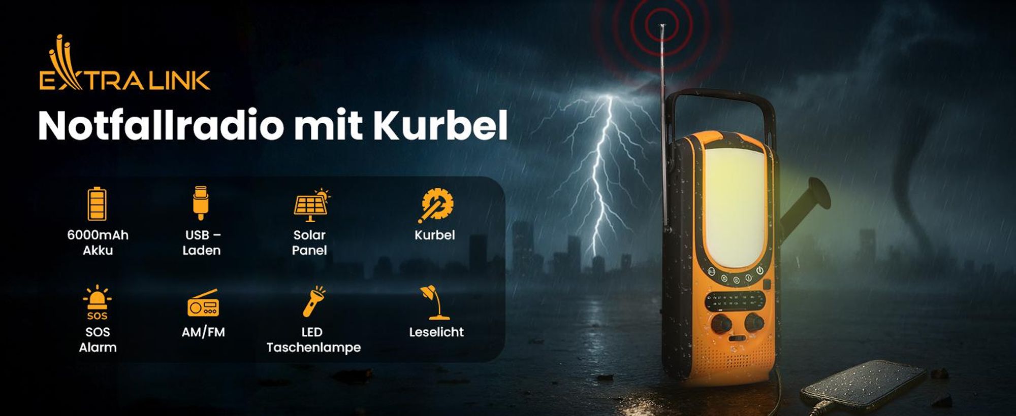 Extralink Powerbank Power Ranger EPS-6000 6000 mAh, UKW-Radio, LED-Licht, Handkurbel, Solarpanel, Tragbar, Analog & Digital, FM, AM, 87 - 108 MHz, 520 - 1710 kHz, 3 W
