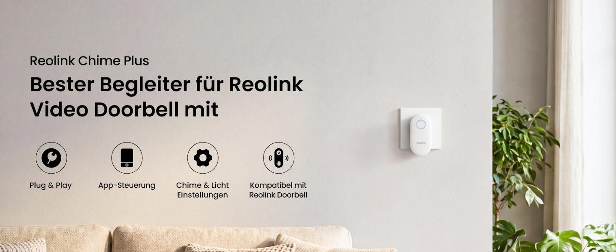 Reolink Chime Plus, Plug-in-Sirene für Reolink Video-Türklingel, Remote-Bedienung per App, einstellbare Lautstärke, Licht & 10+ Klingeltöne