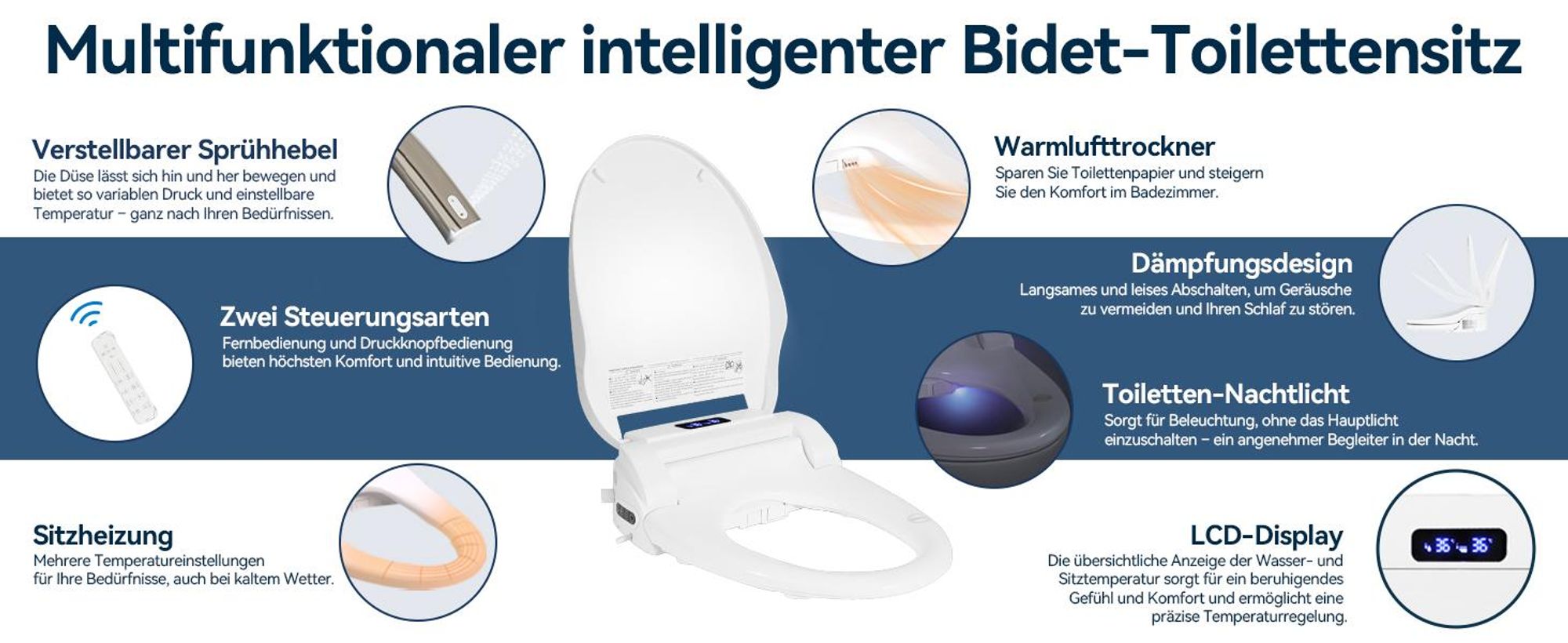 Puluomis Toilettensitz mit Fernbedienung, Warmluft, Heizsitz, Selbstreinigende Bidet-Funktion, 3-Temperaturstufen, LCD Display, Dämpfungsdesign kurz