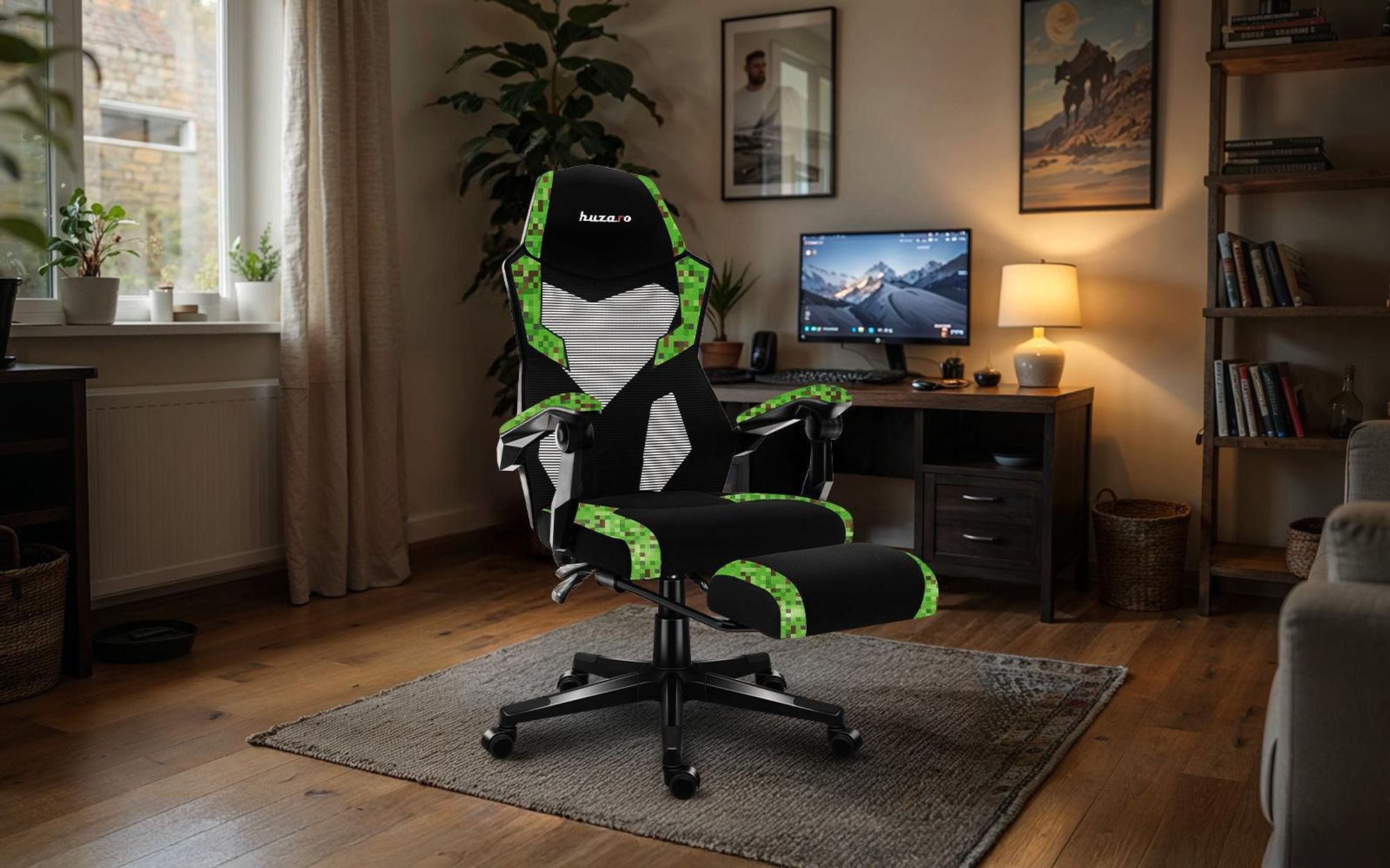 Huzaro Combat 3.1 Pixel Gaming-Stuhl – 135° Neigung, ausziehbare Fußstütze, atmungsaktiv, ergonomisch, bis 150 kg, SGS-