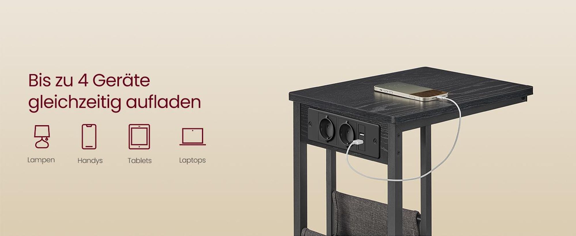 VASAGLE Beistelltisch mit Steckdosen, C Form für kleine Räume, 2 USB-Anschlüsse