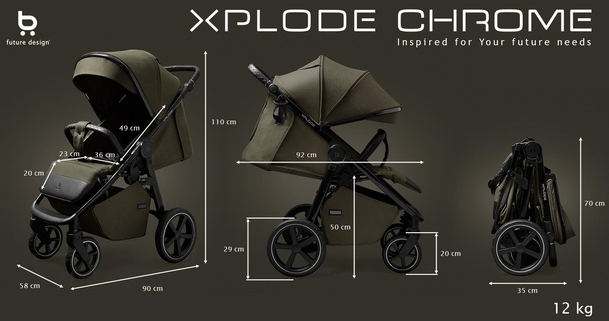 4Baby | Kinderwagen - Buggy Kinderwagen - Khaki - Luftreifen - UV50 Sonnenschutz - Magnetverschluss - mit Einhand-Faltung - bis zu 22 kg - Xplode Chrome