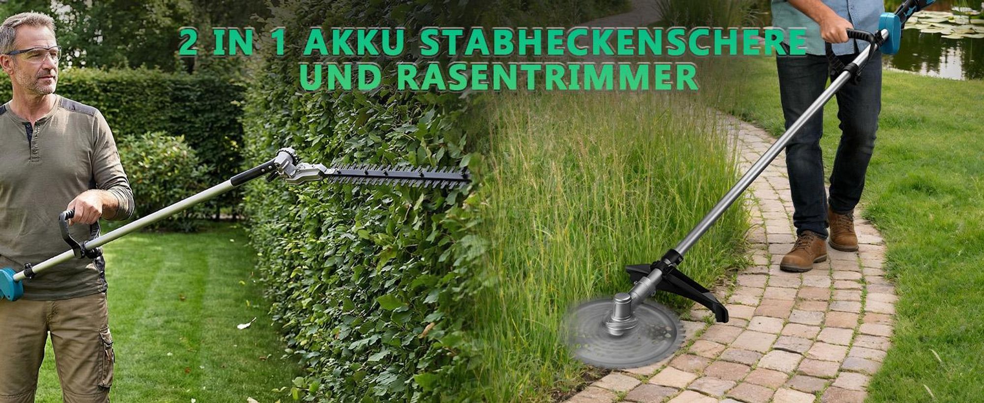 1380W 2-IN-1 Akku Rasentrimmer & Heckenschere (210 cm/165° ) 18800RPM Bürstenloser mit 2x4.0AH AKKU, 7 Klingentypen, Freischneider für Makita 18V