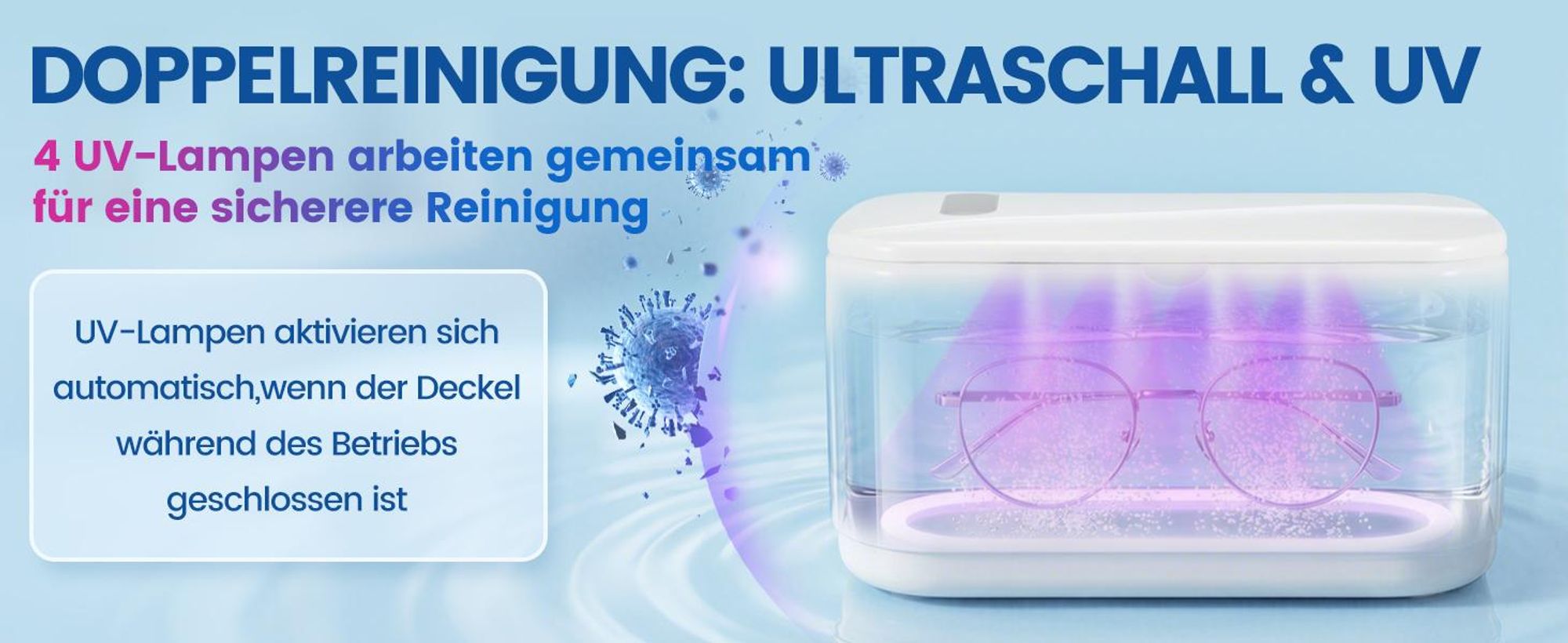 Ultraschallreiniger, Ultraschallreinigungsgerät, 45000Hz Ultrasonic Cleaner, 400ML Ultraschallgerät mit 4 UV-Licht & 5 Modes