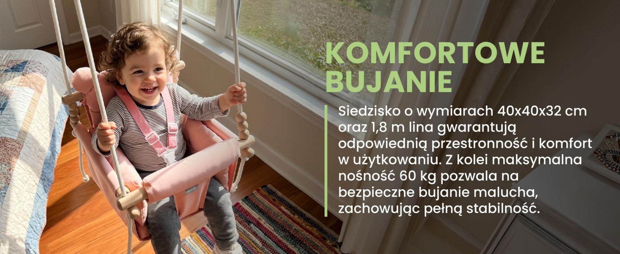 Różowa huśtawka dla dzieci na sznurkach z bawełnianą poduszką