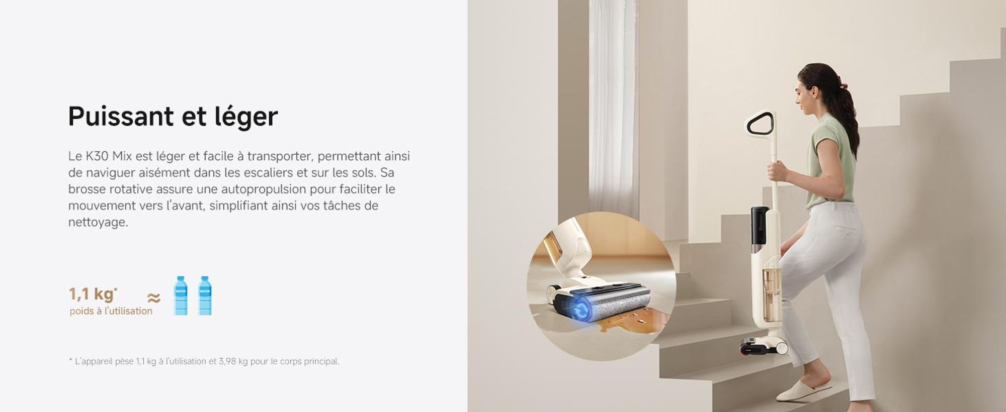 MOVA K30 Mix aspirateur laveur 18 000 Pa, plat 180°, brosses double rotation, nettoyage des bords, séchage air chaud, léger, 30 min autonomie