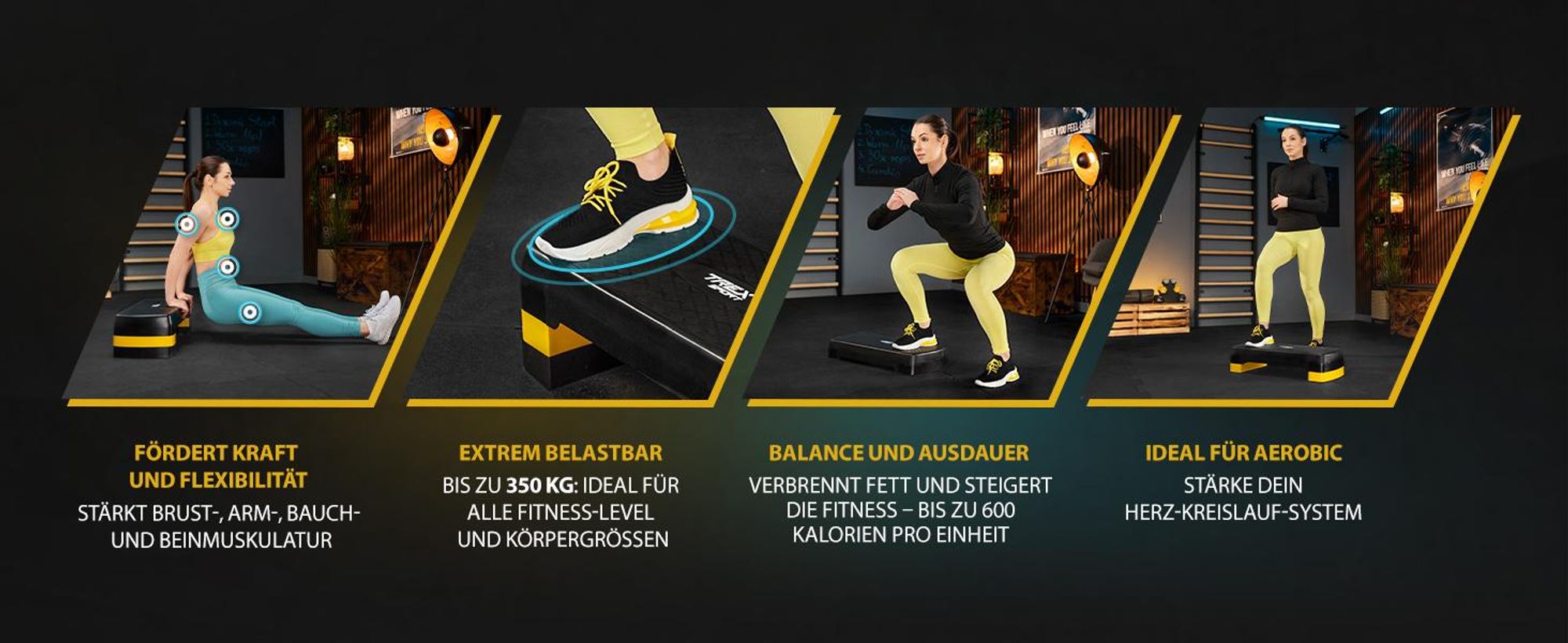 TREX SPORT Steppbrett höhenverstellbar TX-030AS | Aerobic Stepper 3 Stufen, rutschfest, Fitness Stepbench 68×28×10/15/20cm, bis 350kg belastbar | Gelb