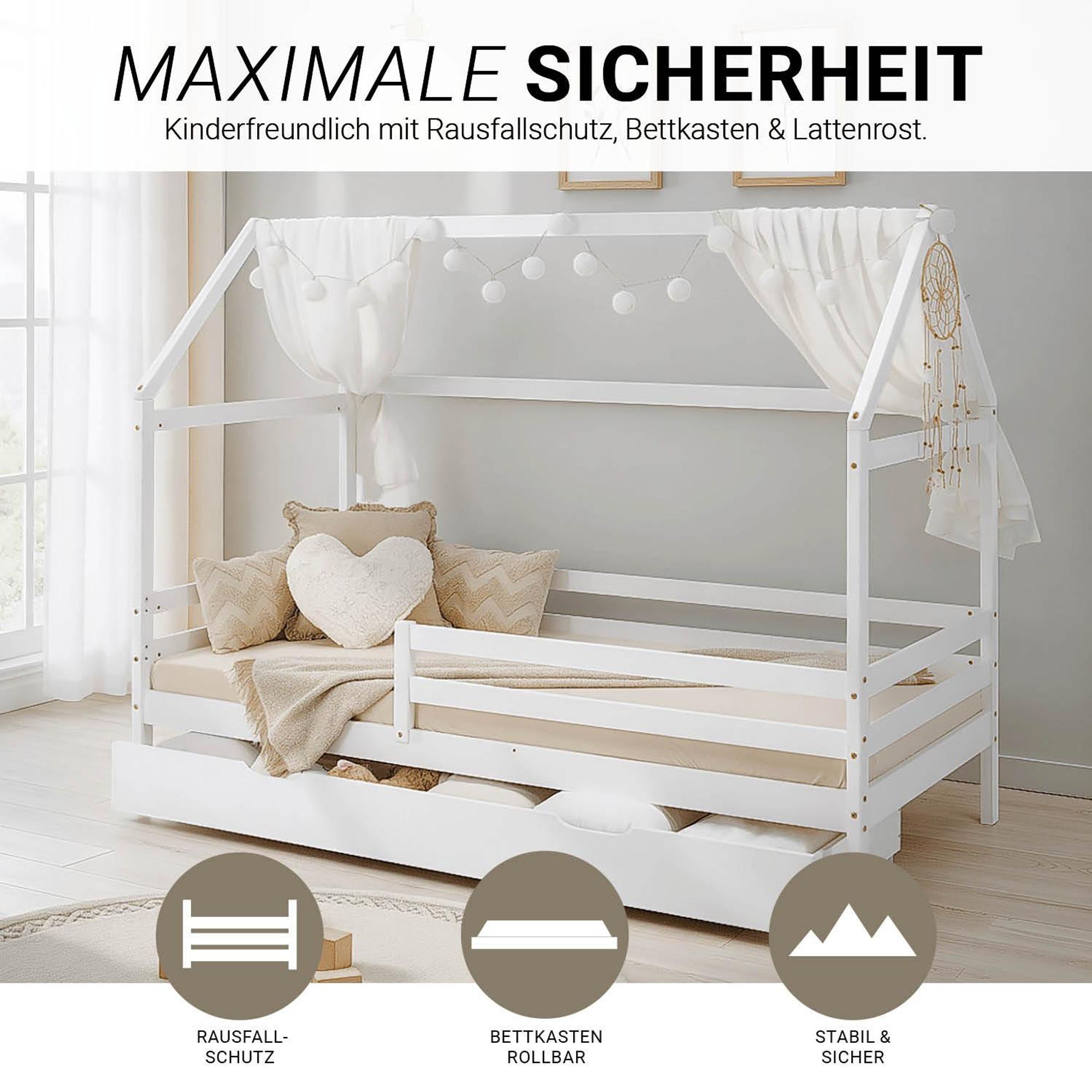 Das Holzbett verfügt über einen Rausfallschutz, einen Bettkasten und ist sicher und stabil.